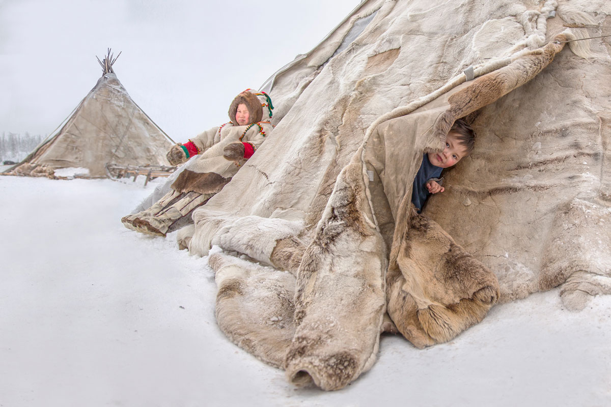 Children in a Nenets dwelling in Russia