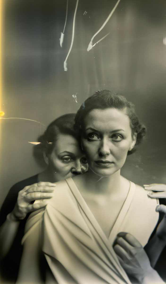 PSEUDOMNESIA | The Electricia, a haunting black-and-white portrait of two women from different generations, reminiscent of the visual language of 1940s family portraits. © Boris Eldagsen, Germany, Winner, Open Competition, Creative, 2023 Sony World Photography Awards