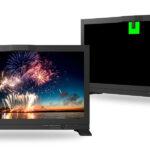 product images of EIZO ColorEdge PROMINENCE CG1 Monitor on white background. O ne image shows the monitor displaying fireworks, the other show the monitor's built-in calibration sensor feature