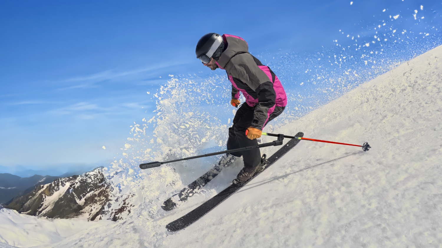 A skier descending a snowy slope, dressed in a pink and black ski suit, with a 360-degree camera attached to a selfie stick in their hand, spraying snow as they make a sharp turn.