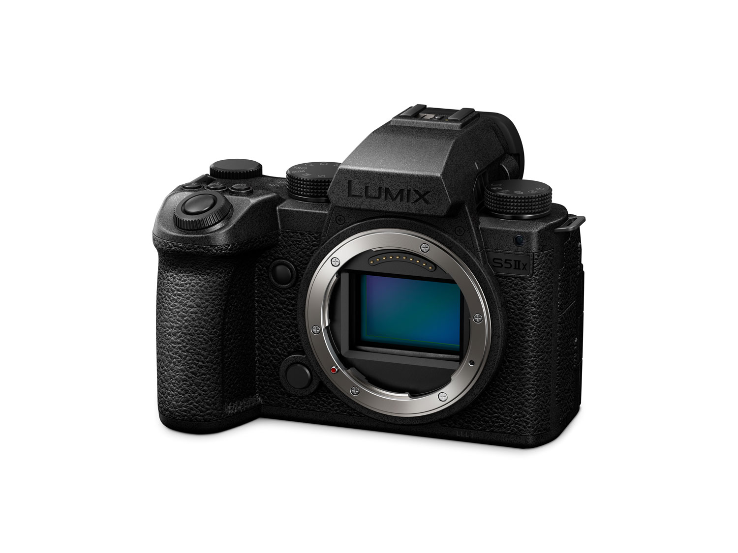 Front on product photo of a Panasonic Lumix S5IIX camera on a white background