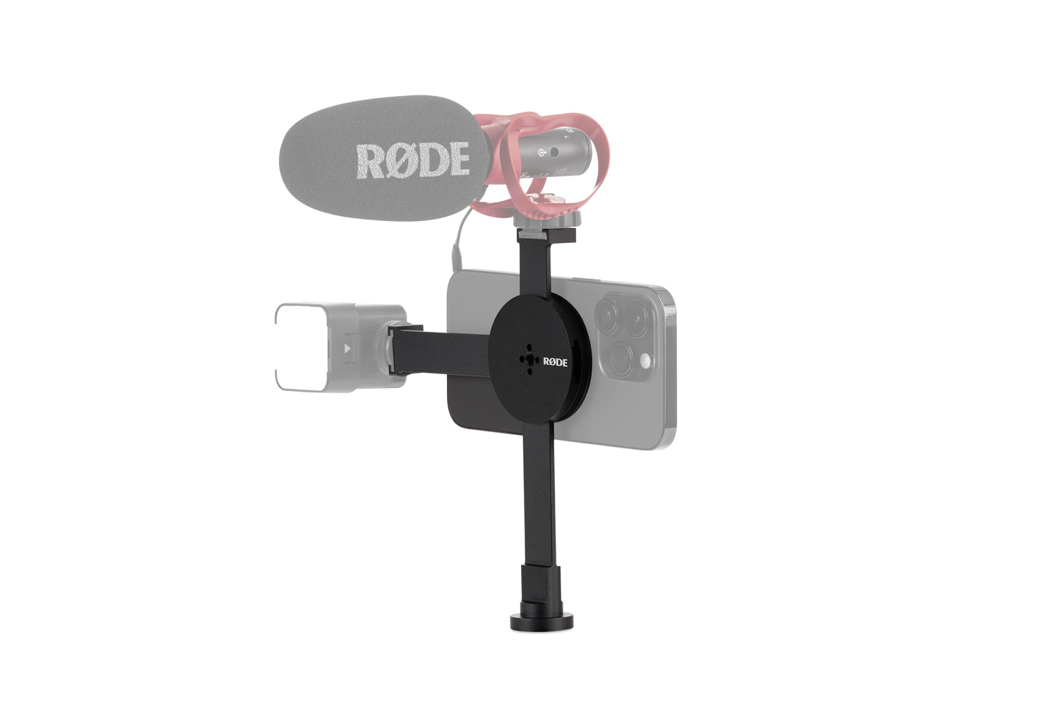 A conceptual image of a RØDE smartphone adapter mounted on an iPhone, with a microphone and other accessories attached, greyed out to focus on the adapter's design